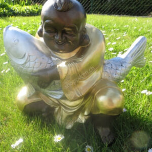 Buddha im Garten mit Fisch klein drei farbig Gold/Silber/Braun